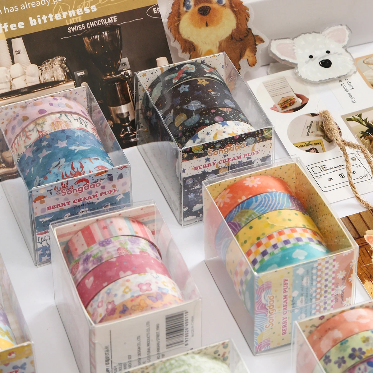 秋の漫画風和紙テープ 5 ロール、クリエイティブな花柄、星空、海洋生物のデザインの装飾テープ、絶妙な