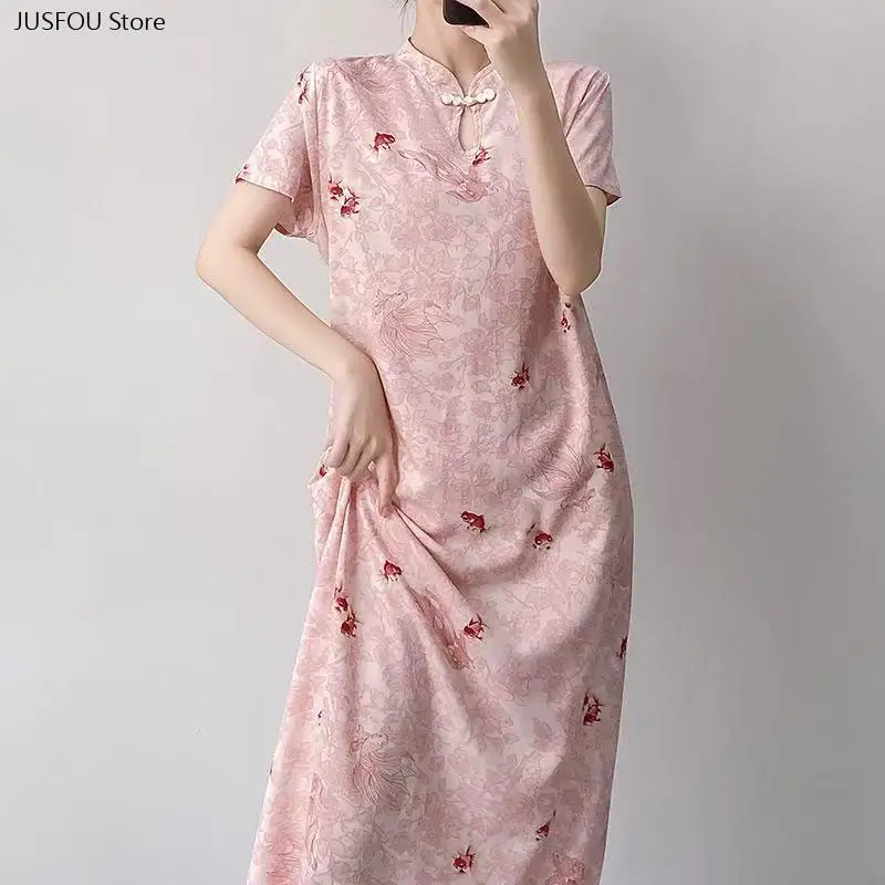 Women Improved Qipao Style Nightgown, Summer Long Dress, Elegant New Chinese Style, Cotton Chiffon Sleep Dress for Young Ladies