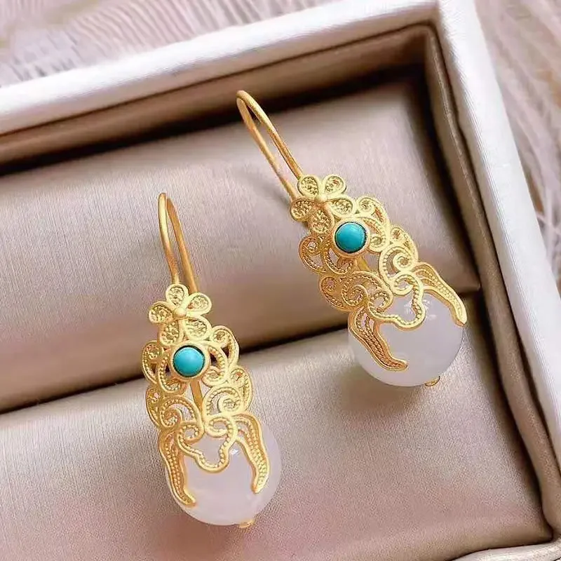 

New Silver Inlaid Natural Hotan Jade Turquoise Drop Earrings for Women Chinese Classical National Style Elegant Brand Jewelry