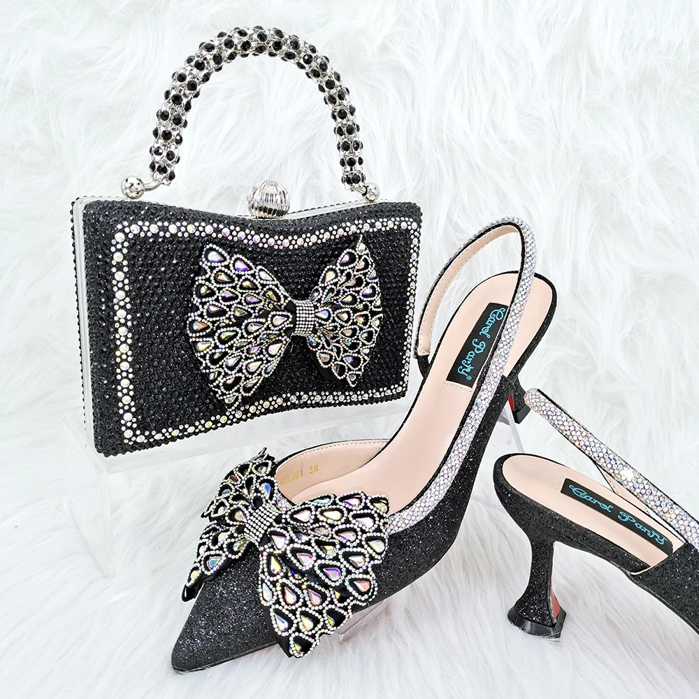 

Novelty Special Italian Women Shoes With Matching Bag Set Butterfly-knot in Black Color with Shinning Crystal For Garden Party