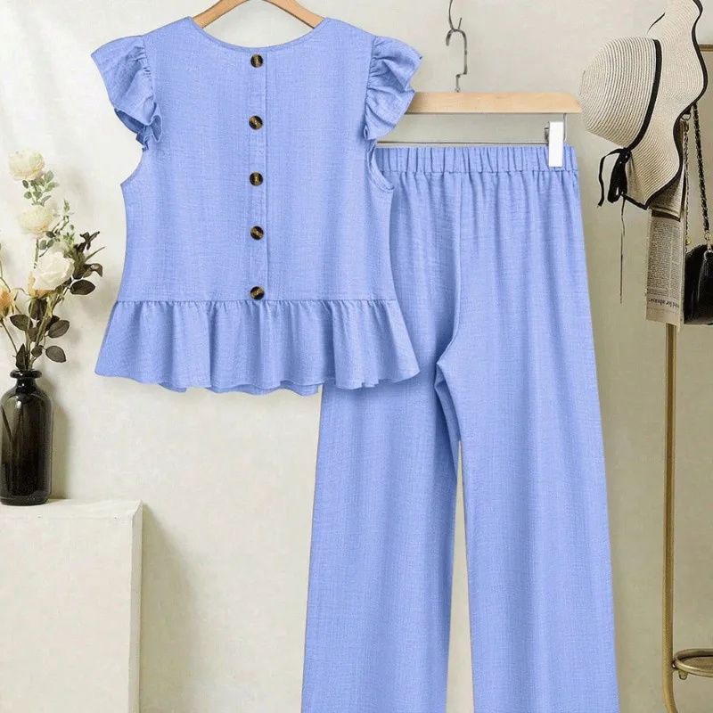 European American Cross-border Women's Short-sleeved Set Summer New Stylish Flying Sleeve Top and Wide-leg Pants Two-piece Set