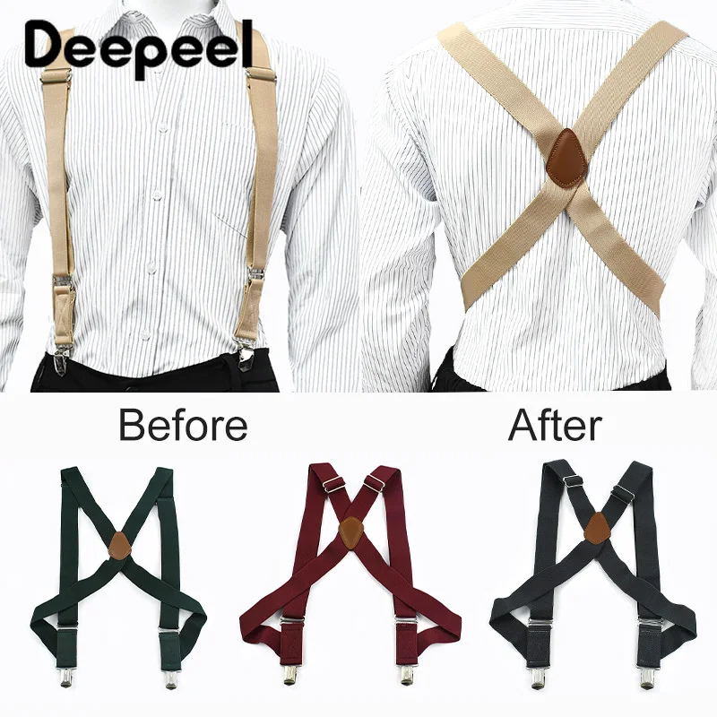 Deepeel 3.5*125Cm Suspender Pria Tipe X Tali Elastis Dewasa dengan 2 Klip Luar Ruangan Celana Suspender Jockstrap Aksesori Kemeja
