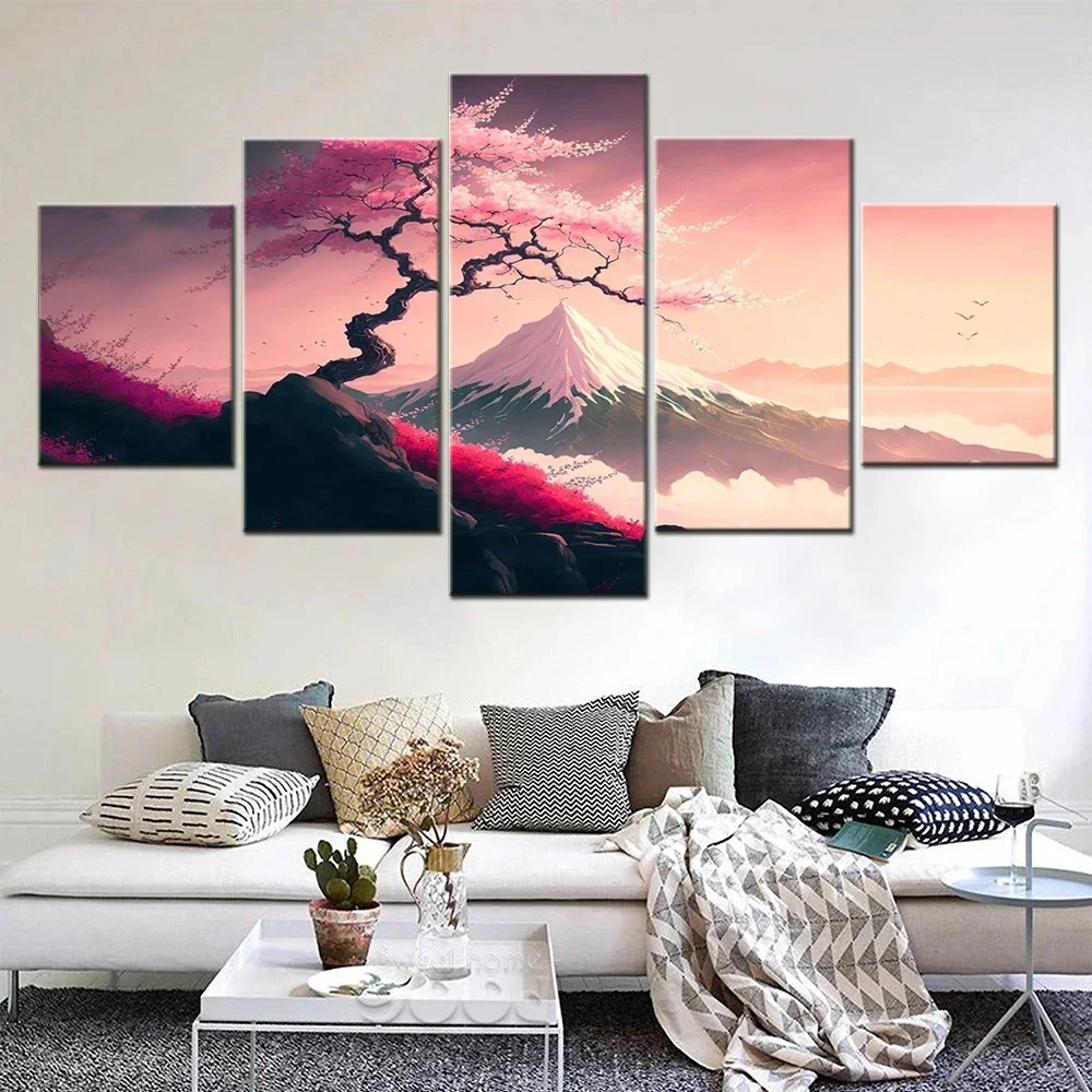 Diy Diamond Painting 5 Panel Cherry Blossom Landscape New 2024 DIY Cross stitch Snow mountain Tree Scenery Diamond Art Mosaic