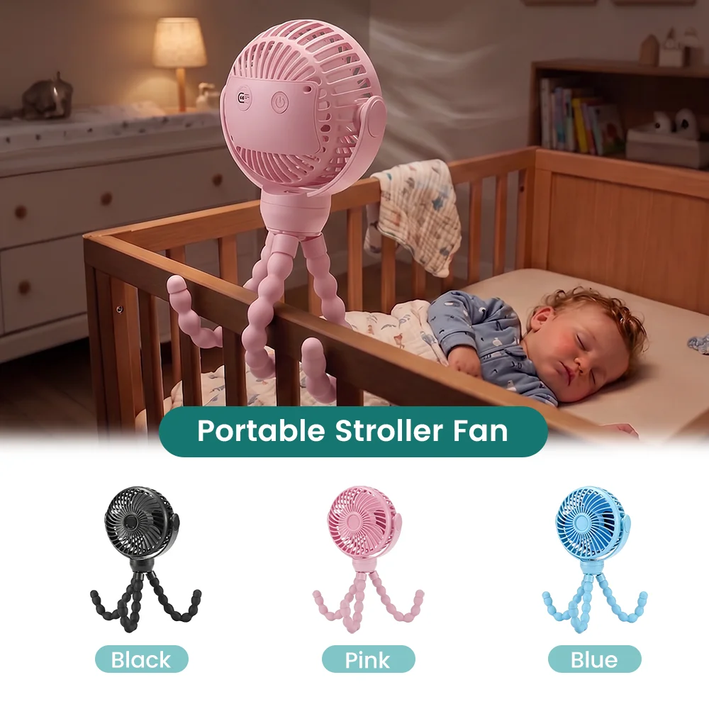 Portable Baby Stroller Fan, 3-Speed Rotatable Octopus Tripod Fan, USB Rechargeable Mini Cooling Fan for Crib Pushchair Outdoor