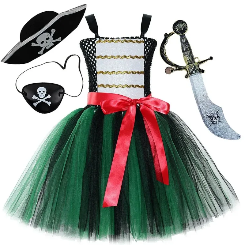 Dark Green and Black Spliced Girls Pirate Costume,  Tulle Puffy Dress with Three Accessories,  Halloween Performance Outfit