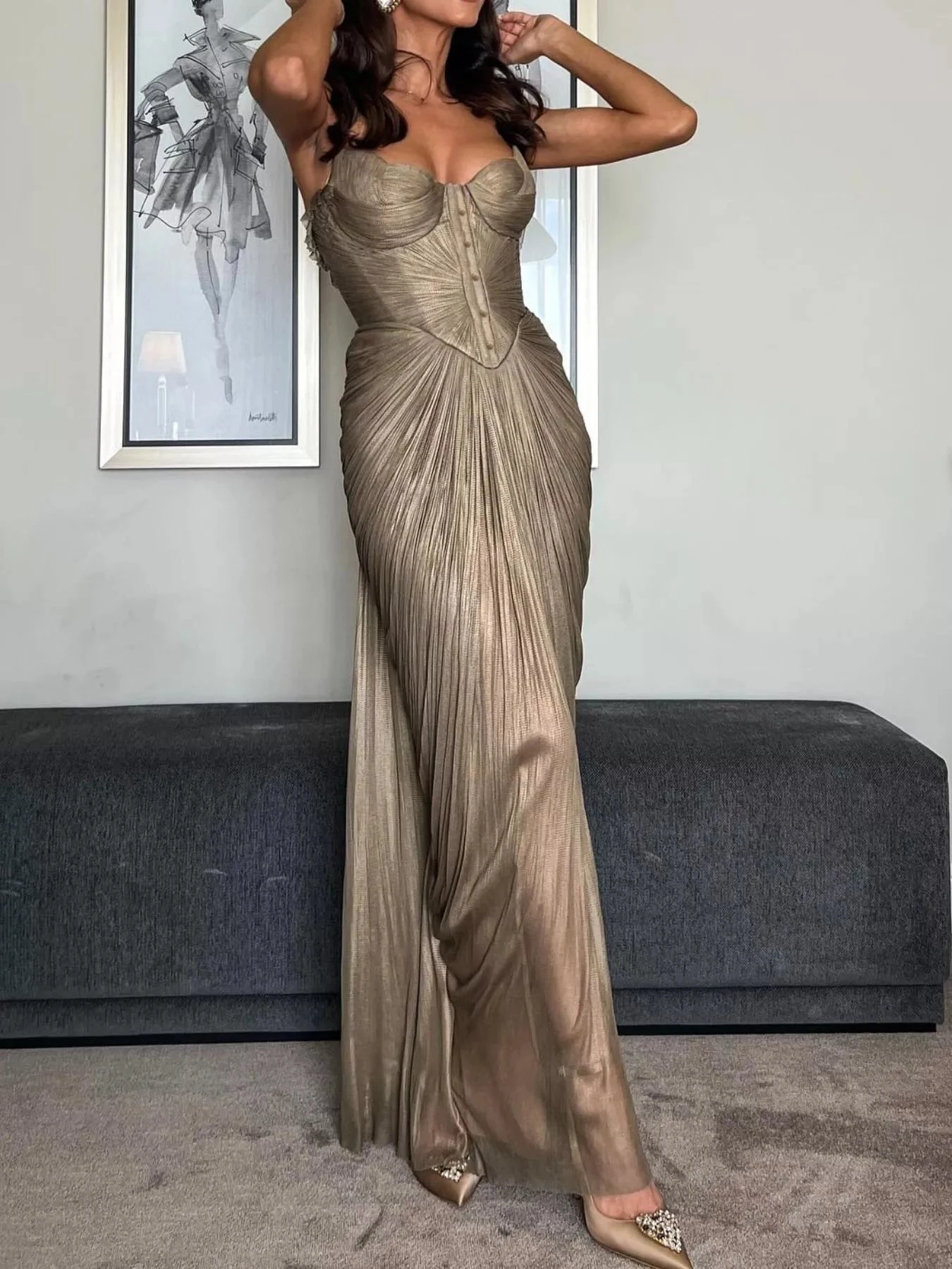 

Sexy Wrap Chest High Waist Banquet Dress V-neck Casual Draped Slim Suspender Dress Women Elegant Hight Waist Prom Long Dress