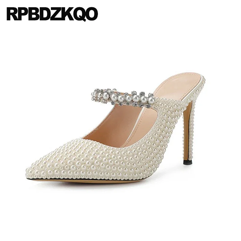 

Ivory High Heels Thin Beaded Large Size Closed Toe Women Slippers Mules Half Shoes Sandals Pearl Slides Rhinestone Pumps Strap