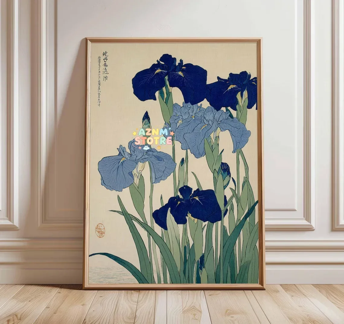 Elegant Blue Iris Ukiyo-E Wall Art -Nature Enthusiasts, or Anyone Who Loves Timeless, Understated Decor