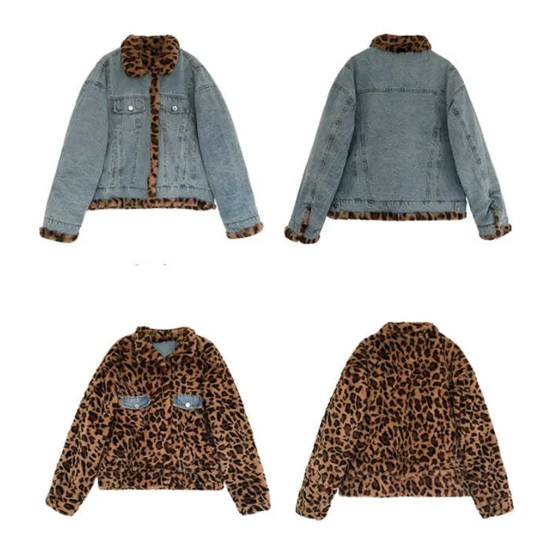 คู่สวมใส่เสือดาวพิมพ์ขนแกะ Denim Bomber Plus กำมะหยี่หนา Plush Mantel Jin Winter Parka เสื้อ2021