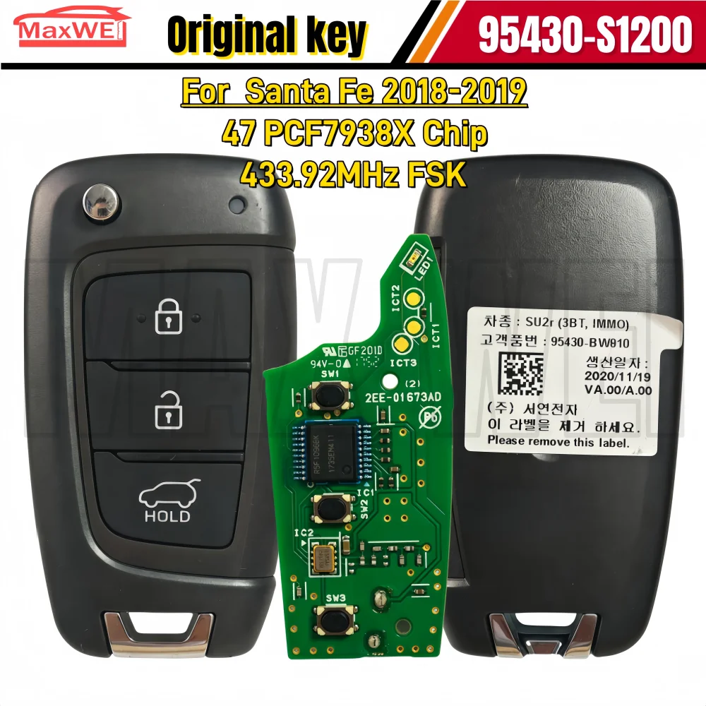 95430-S1200 433.92MHz FSK 47 PCF7938X Chip Original folding remote control key For Santa Fe 2018-2019 3 Buttons