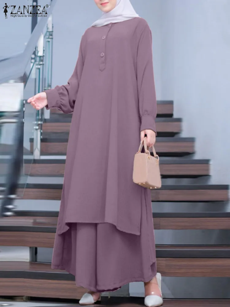 

Elegant Muslim Sets ZANZEA Autumn Women Blouse & Pant Sets IsIam Clothing Causal Abaya Kaftan Causal Long Sleeve Shirt Trousers