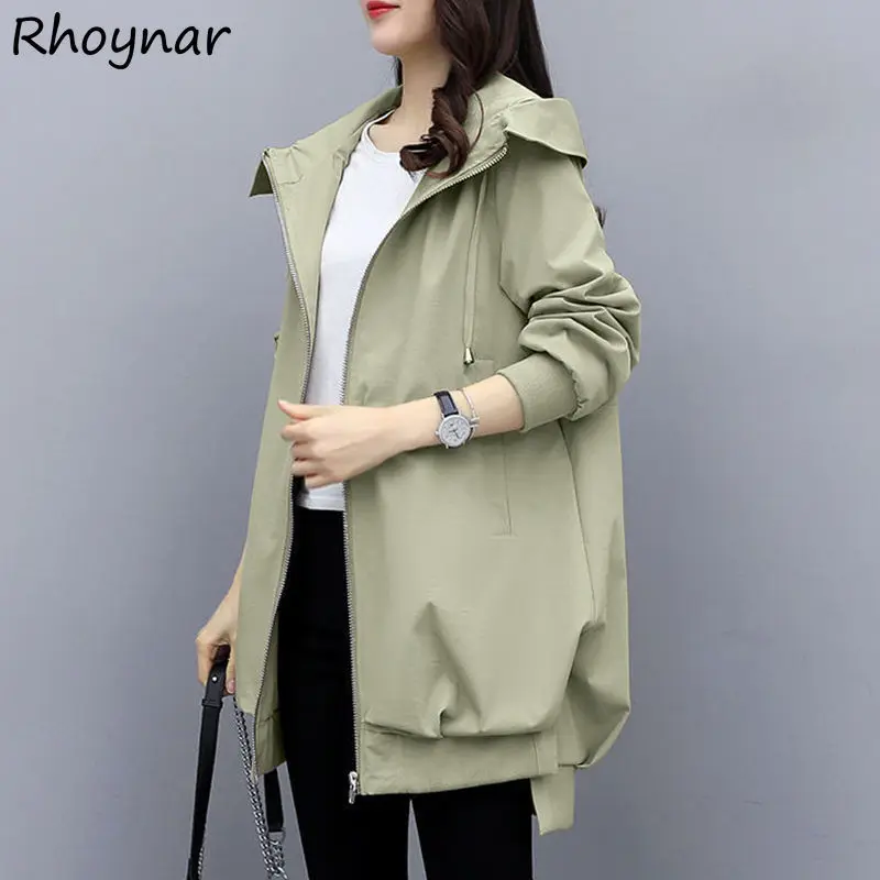 

Solid Hooded Trench Women Baggy Side-slit Simple Daily Leisure All-match Korean Style Temperament Fashion Tops Spring Ladies