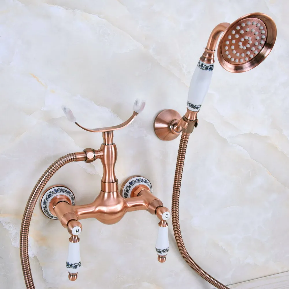 

Antique Red Copper Wall Mount Bathtub Faucet with Handheld Shower Set +1.5M Hose Mixer Tap 2na352