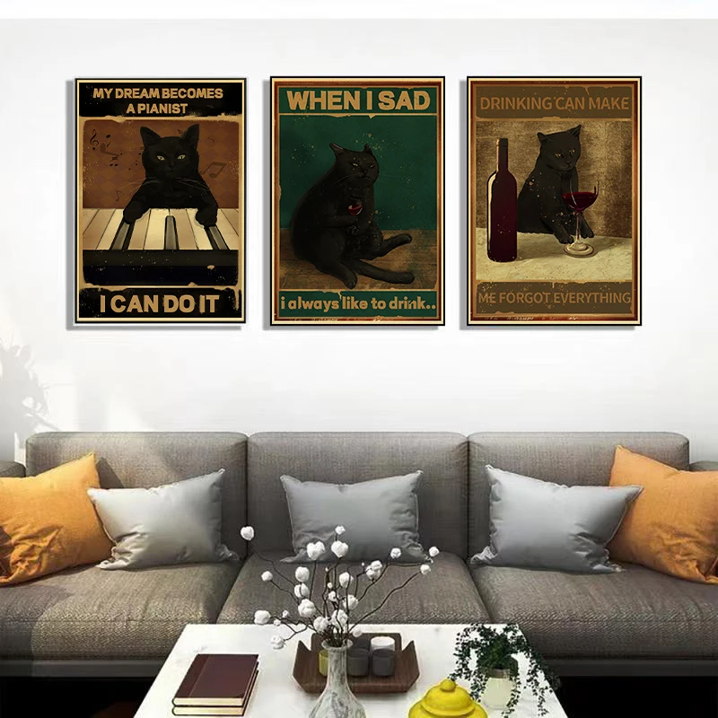 Black Cat Nostalgia Poster Kraft Paper Prints Salon Decor Cartoon Picture 2022 Arrivals Decoration Wall Sticker Bedroom Painting