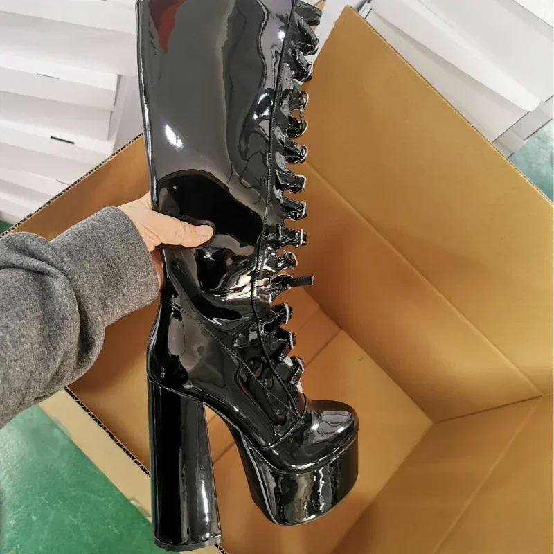 European and American women\'s high-heeled thick soled round toe hollow belt buckle patent leather knee high zipper boots