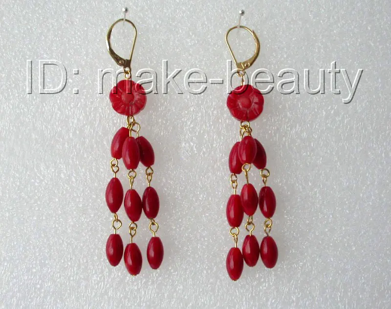 stunning classic red natural coral flower rice dangle earrings 14K h826