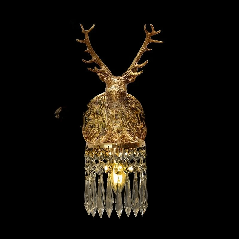 Deer head all copper wall lamp French luxury retro creative European villa living room bedroom bedside lamp