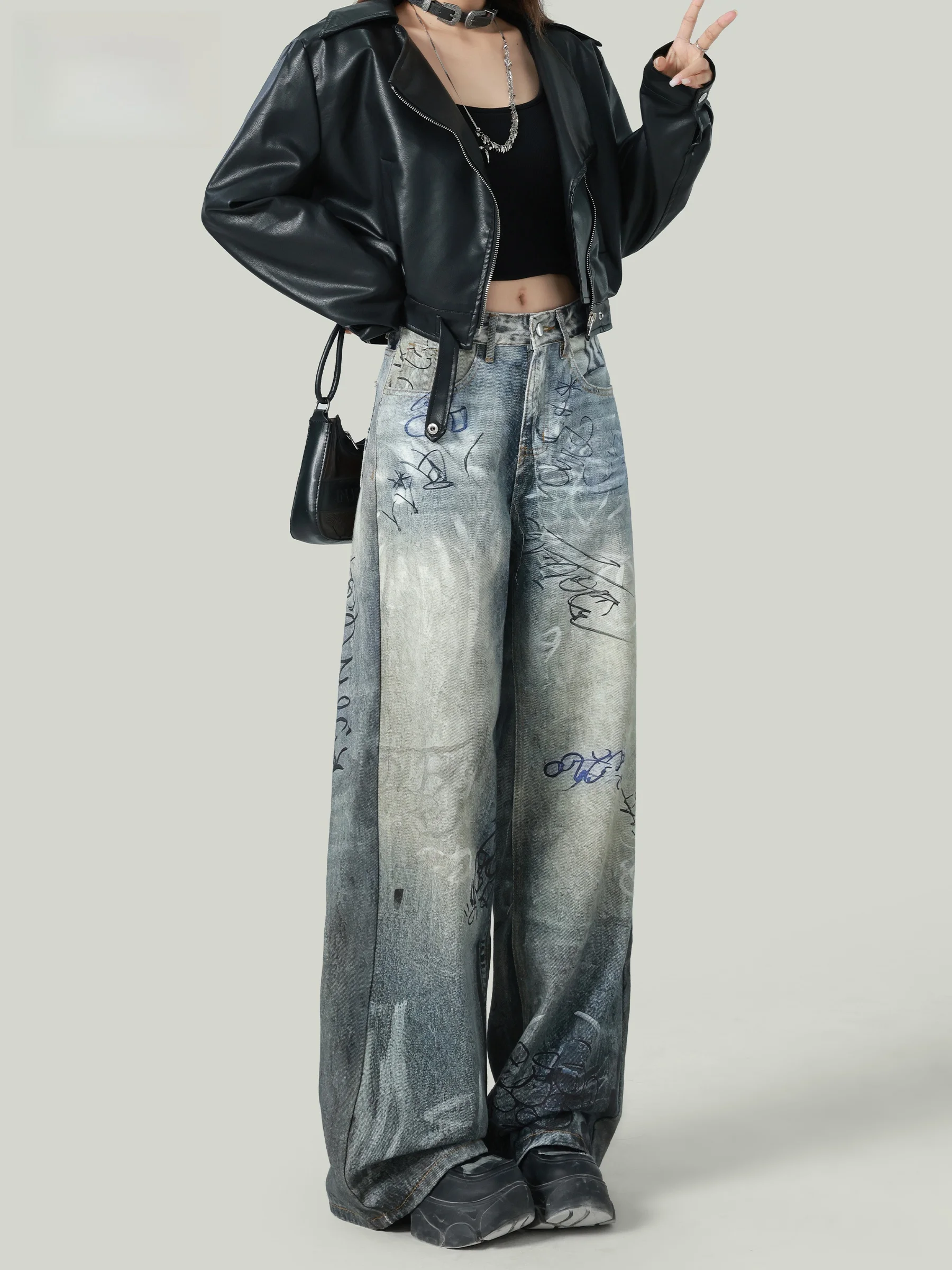 

American Retro Graffiti Distressed Denim Jeans Women's High Waist Slimming Design Wide Leg Pants Autumn New Style Casual Wear