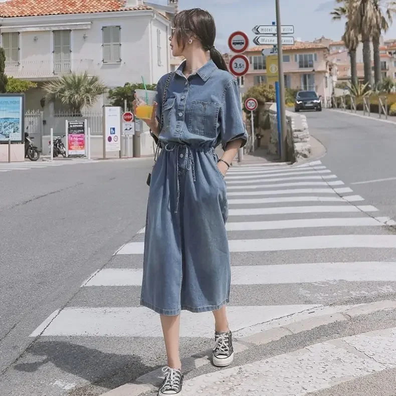 Y2k فساتين من قماش الدنيم للنساء فستان طويل مغسول فيستدوس واحدة الصدر رفض طوق الدانتيل يصل عالية الخصر ألف خط الشارع الشهير 2025