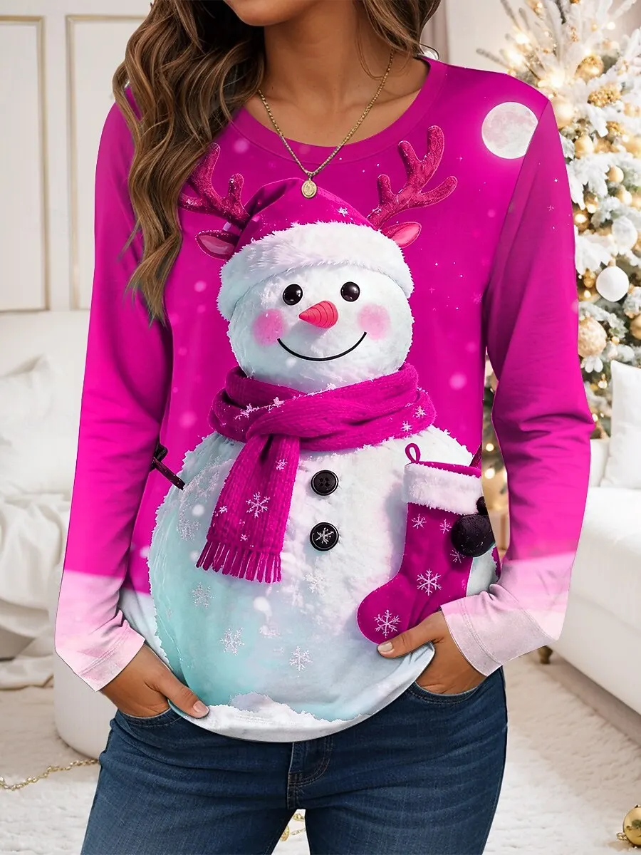 Christmas Autumn Women's Long Sleeved T-shirt 3D Santa Claus Round Neck Tshirt y2k Party Costumes Winter Cute Christmas T-shirts