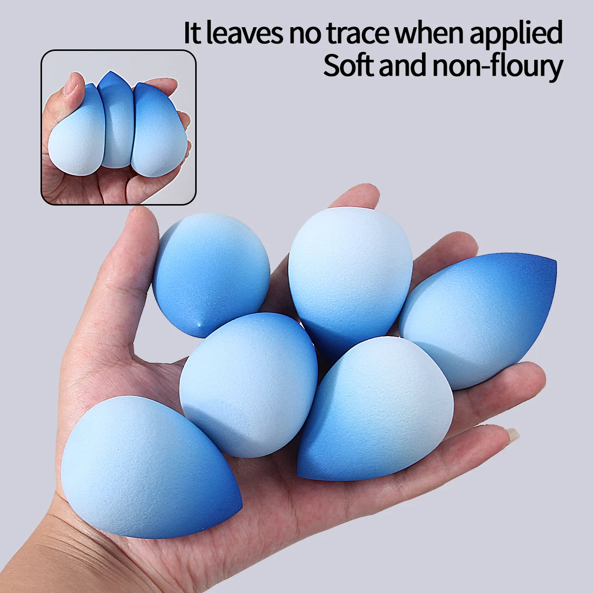 Éponge de maquillage bleue dégradée, œuf de beauté, haute résilience et sans poudre collante, gonflement lors de l'eau, outil de maquillage, 6 pièces