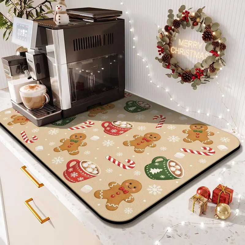 VIKAMA Cream Gingerbread Dish Drying Mat Absorbent Non Slip Candy Cane Cocoa Plate Pad for Sink Top 2027 Christmas Home Decor