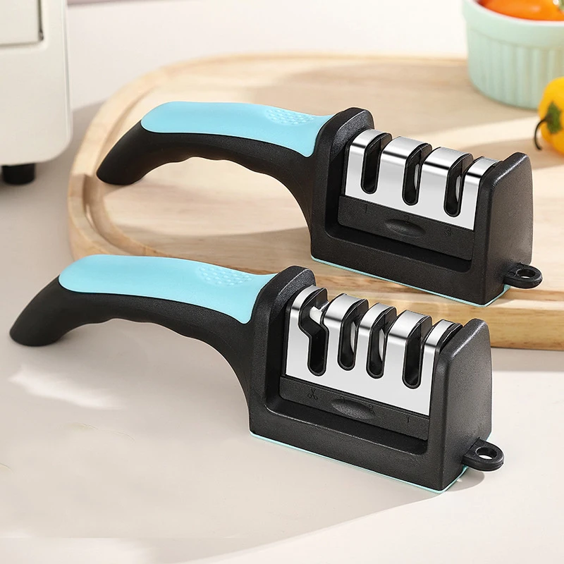 4-in-1 Knife Sharpener Stainless Steel Quick Knife Sharpening Tool Stable Non-Slip Base For Kitchen Knives Grip Rubber Handle