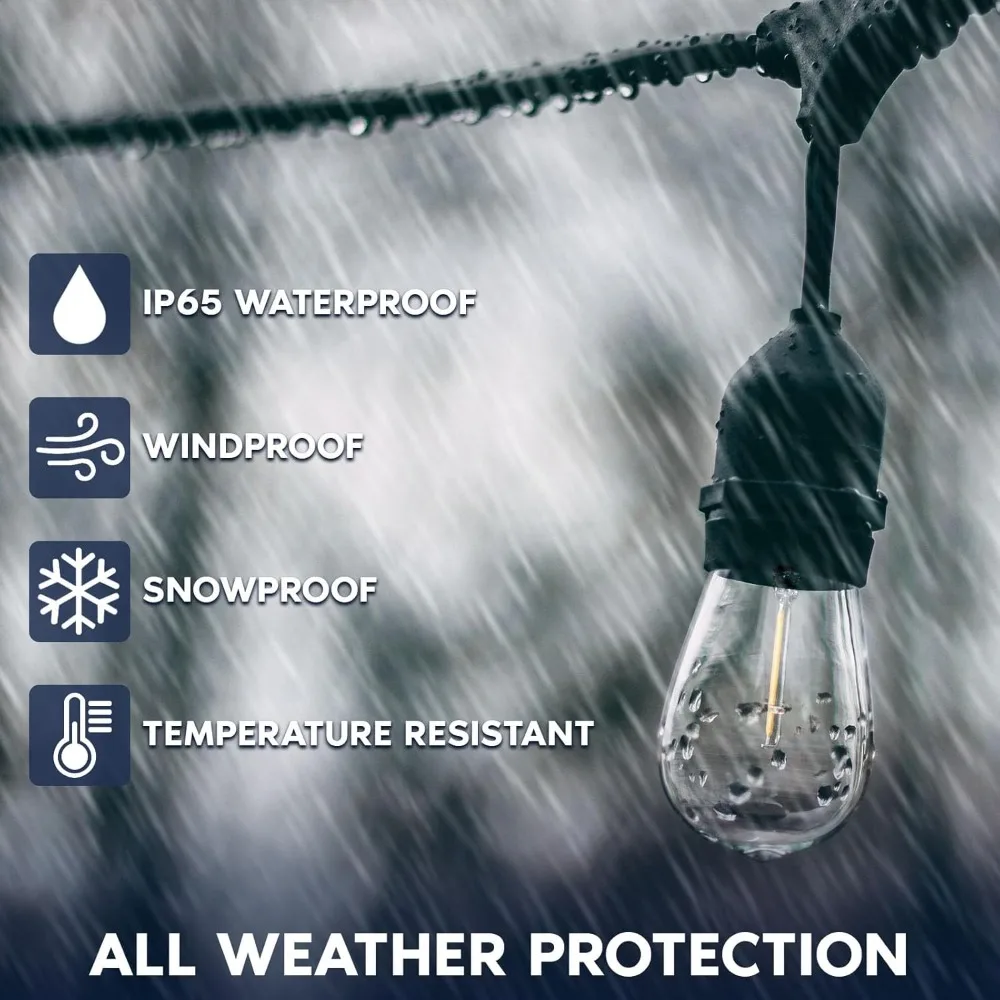 سلسلة أضواء خارجية LED بطول 24 قدمًا من LUXRITE - مقاومة للماء تجارية مع 12 لمبة إديسون S14 مقاومة للكسر، تصنيف IP65 للديكور