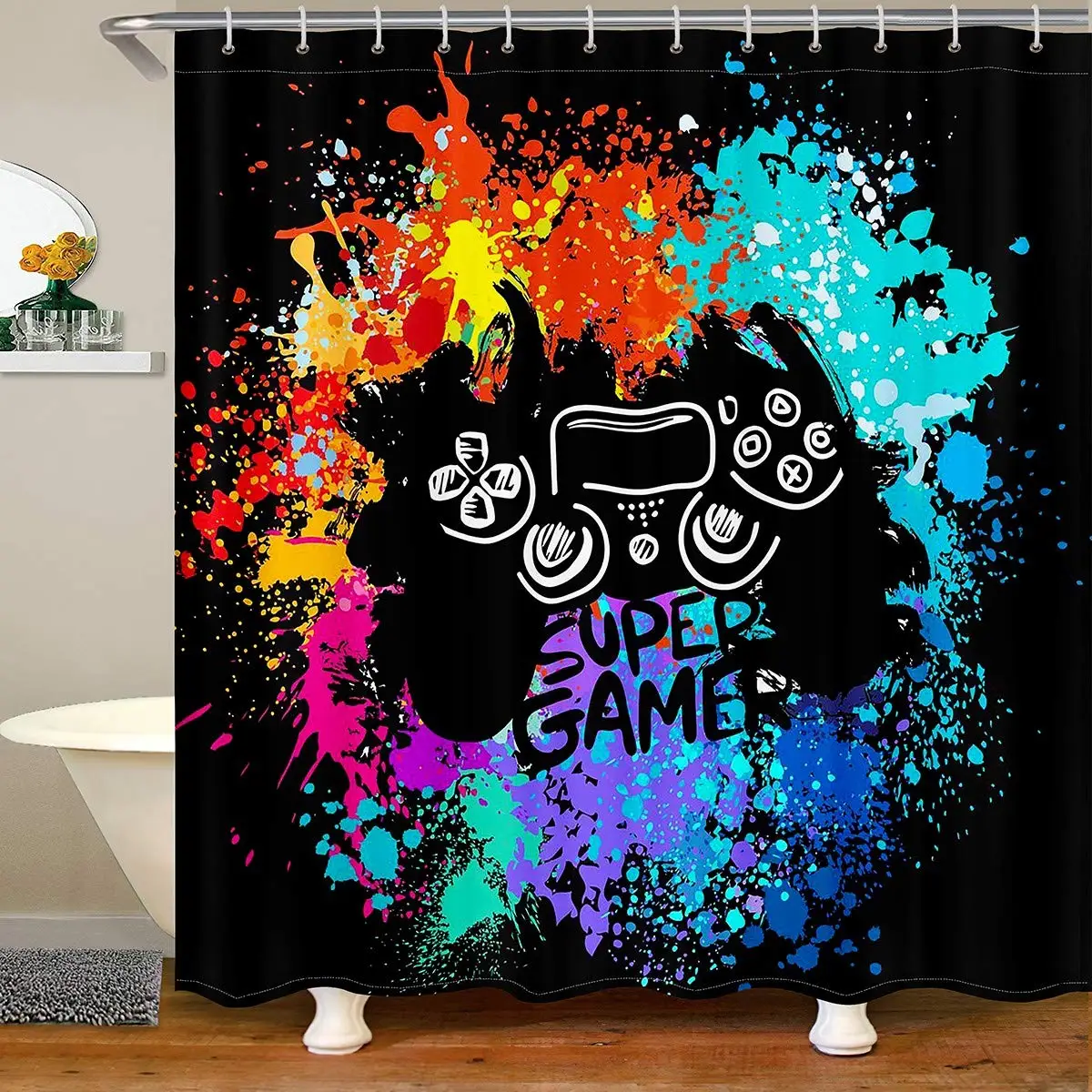 

Kids Gamer Fabric Shower Curtains Boys Video Games Bath Curtain Gamepad Tie Dye Bathtubs Shower Curtain Child Bathroom Decor