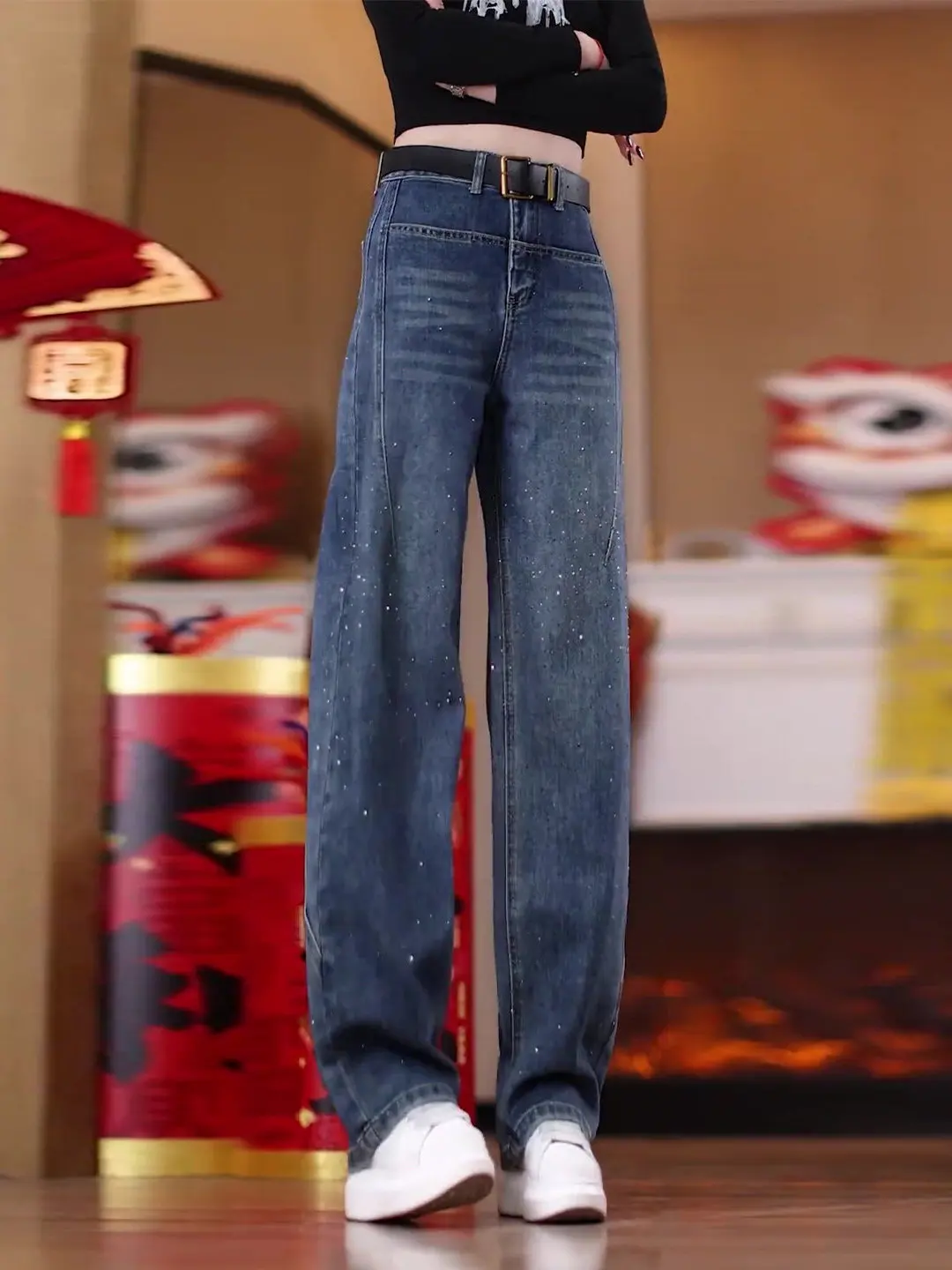 

Retro Rhinestone Embellished High Waist Straight Leg Jeans Women's Spring 2026 New Style Slimming Wide Leg Pants