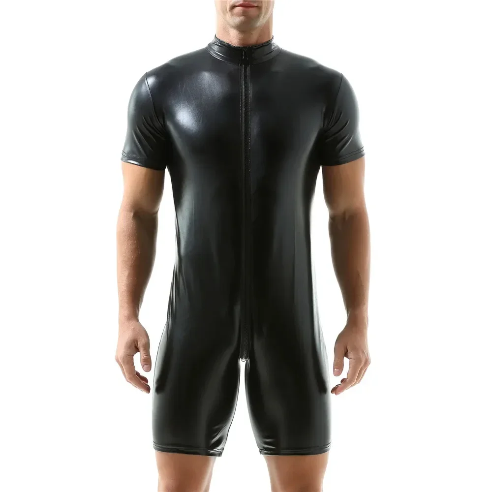 Mens PU Leather Zipper Open Crotch Bodysuit Male Short Sleeve Catsuit Nightclub Leotard Wrestling Singlet Sexy Tights Jumpsuit
