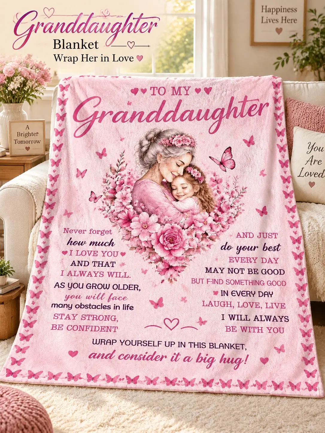 Granddaughter Flannel Blankets & Throws Floral Embrace Butterfly Message Gift From Grandma for Birthday Christmas Anniversary Thanksgiving Couch Bed Bedroom Living Room Travel Nap Office Camping Dorm Picnic Keepsake Holiday Family Present Decorative