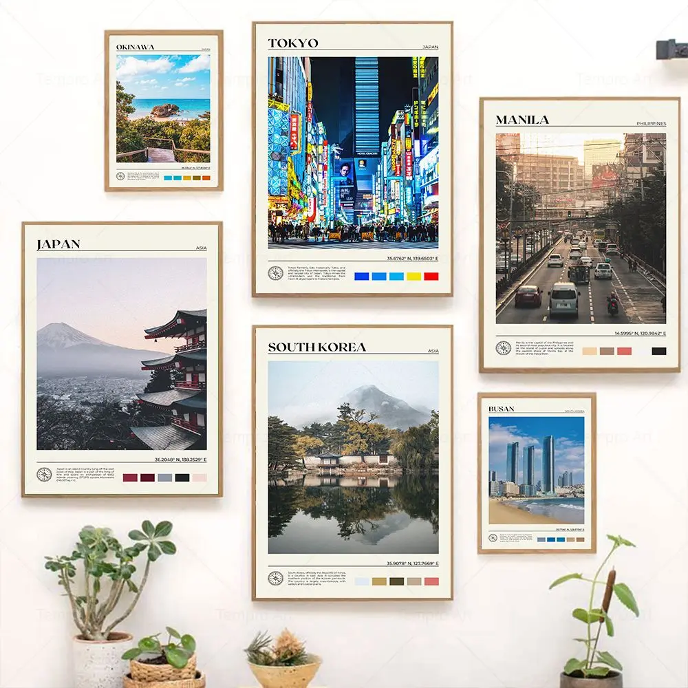 آسيا السفر قماش ملصق فيتنام الفلبين اليابان كوريا الجنوبية الهند الصين سنغافورة سيتي سكيب يطبع غرفة المعيشة جدار ديكور