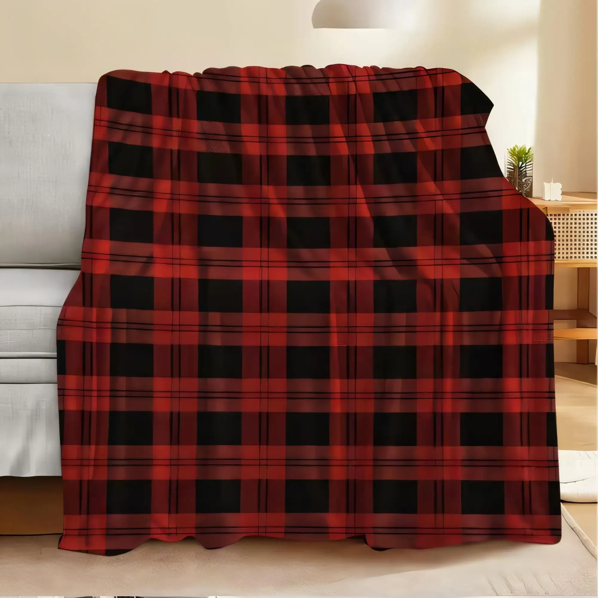 Cozy Red and Black Plaid Blanket Warm Sofa Throw Perfect for Home Decor Inviting Classic Checkered Pattern Lightweight for Bed C