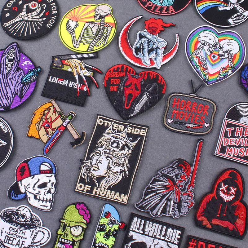 Horror Embroidery Patch Clothing thermoadhesive Patches On Clothes Skull Clothes Stripes Iron On Patches On Backpack Accessory