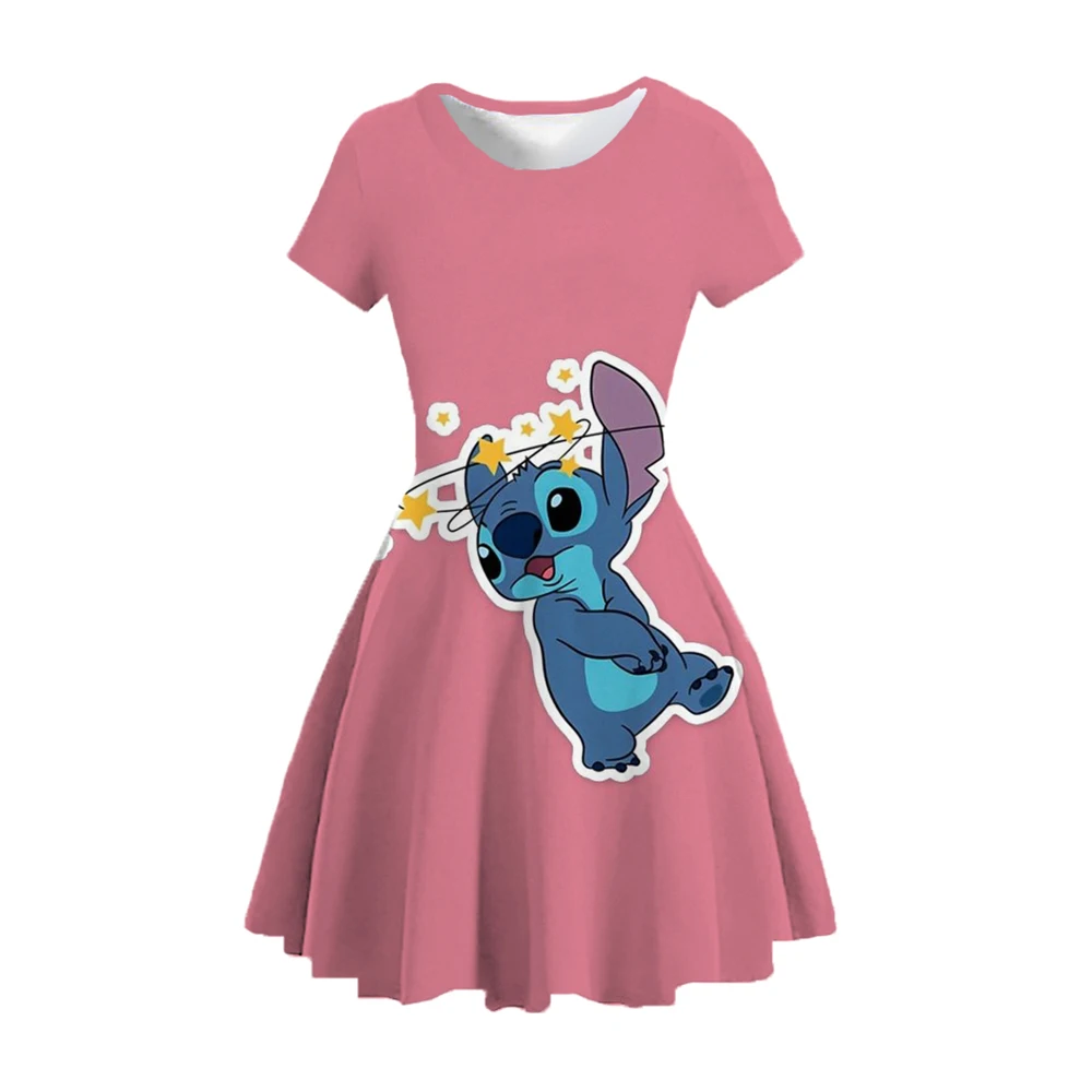 2024 Summer New Casual Fashion Cute Princess Dress 3D Print Disney Stitch Crew Neck Short Sleeve Princess Dress