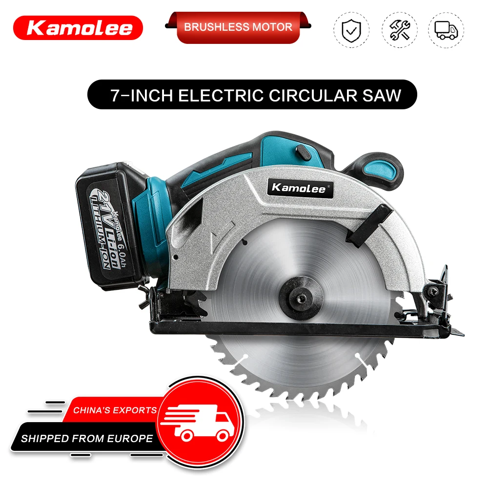 Kamolee 7-Zoll bürstenlose elektrische Kreissäge, handgeführte Schneidemaschine, 18V Lithium-Akku, kabelloses Laden, Heimholzverarbeitung