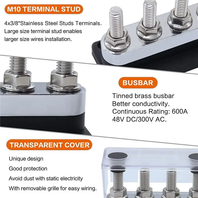 MLGB-600A Bus Bar 4-Stud (3/8 Inch) M10 High Current Copper Busbar Terminal Block Marine DC 12V 24V 48V With Cover