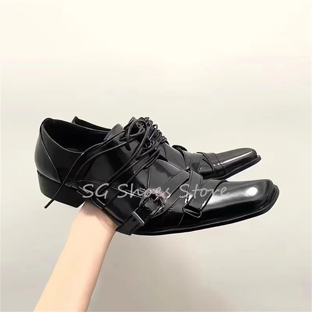 Zapatos de cuero con punta estrecha para mujer, zapatos Derby de tacón grueso con cordones, decoración de hebilla de cinturón, estilo gótico negro, Oxfords