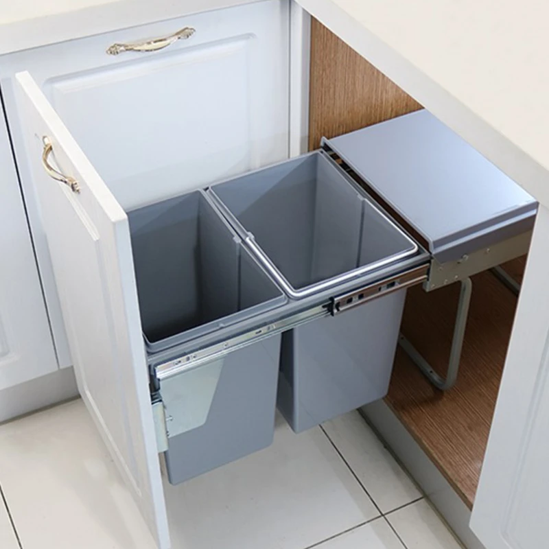 Kitchen Plastic Built-in Hidden Embedded Push-Pull Dry Wet Separation Cupboard Dustbin Pull-out Large Kitchen Waste Basket