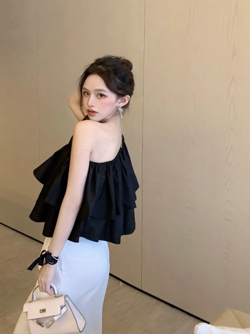 Korean Fashion Ruffle Edge Sloping Shoulder Shirt 2024 Women's Summer New Solid Color Design Sleeveless Top Female Clothing