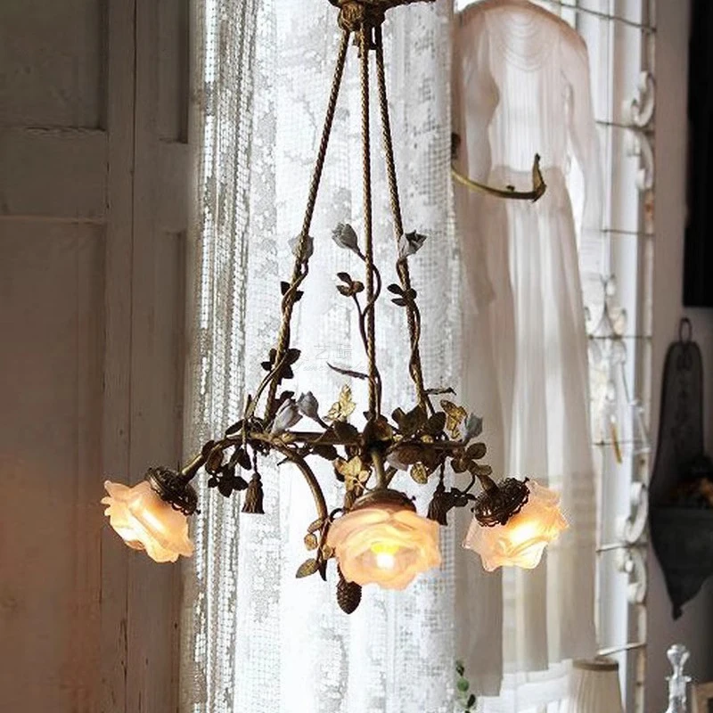 Floral lamp vintage Led copper Glass ceiling Chandelier,Dining room,Living Room,Restaurant decoration