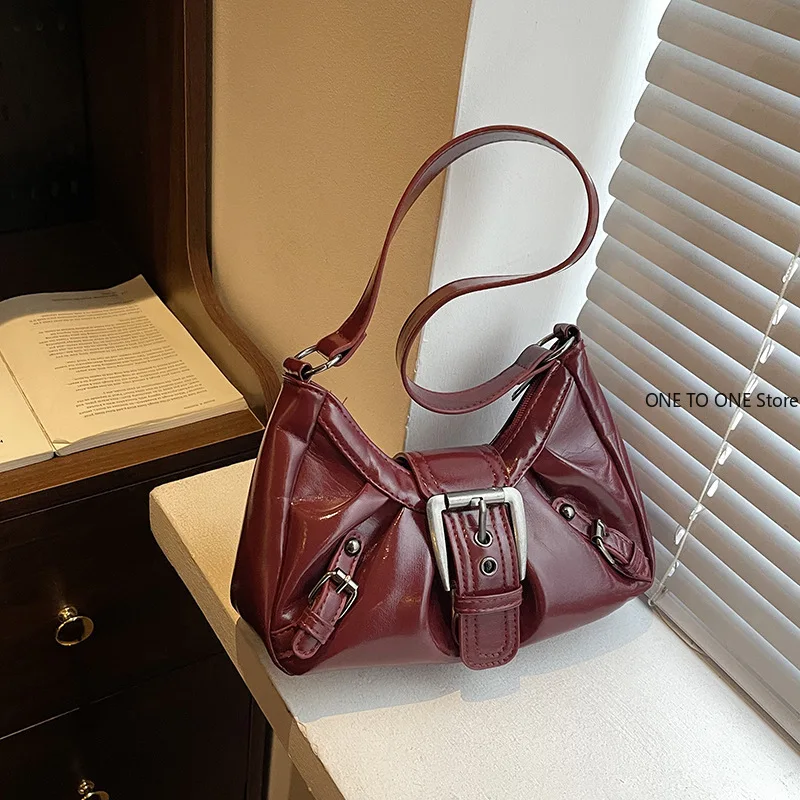 

New Fashion Maillard Style Shoulder Bag Vintage Leather Spicy Girl Y2K Armpit Bags Rivet Belt Trendy Saddle Bag Retro Handbag
