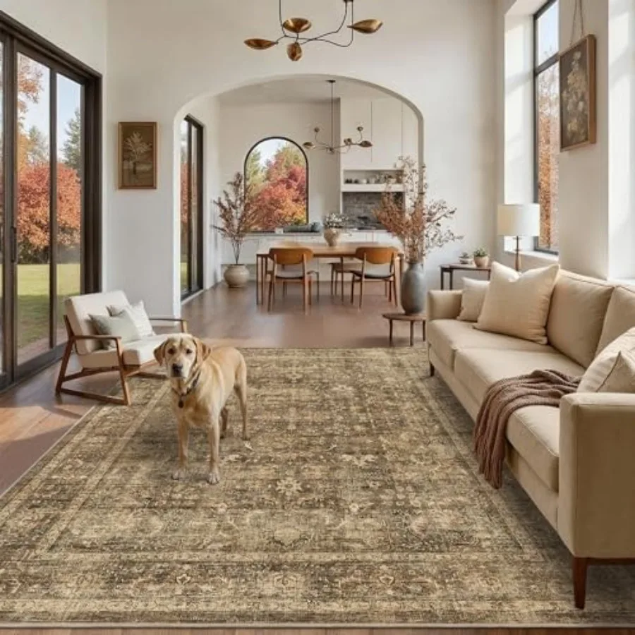 

6x9 Brown Washable Area Rugs for Living Room: Vintage Boho Non-Slip Low-Pile Retro Distressed Floral Rug in Soft Brown for Indo