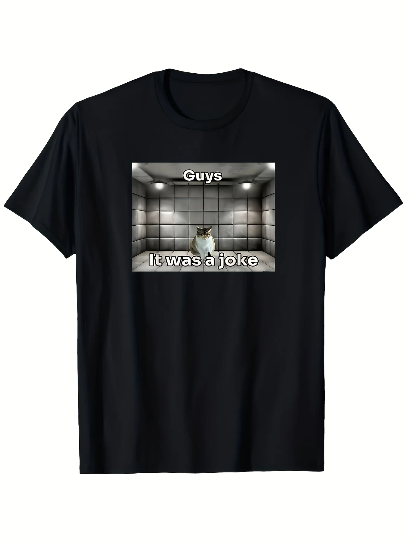 Humorous Cat Meme T-Shirt Featuring A Graphic of An Elevator with The Text Guys, It Was A Joke Oversized Pure Casual Tee