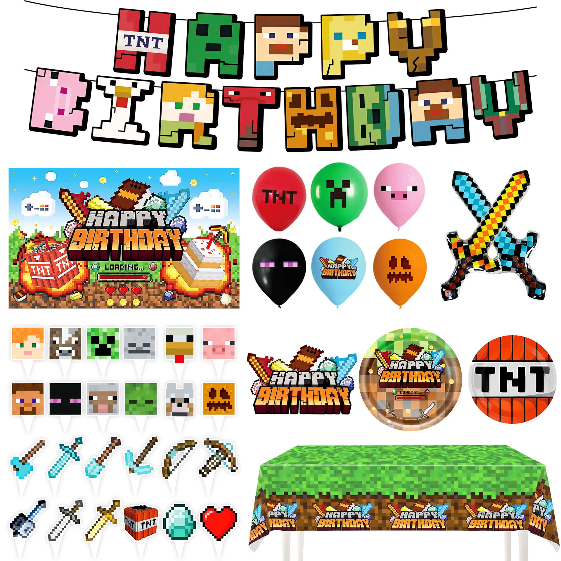 9-piece set of Minecraft Pixel Birthday Decoration Tableware Set Cartoon Boys and Girls Party Decoration Banner Party Gifts