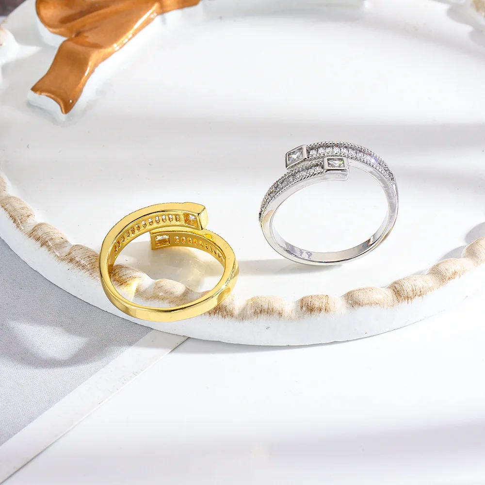 3Pcs light luxury geometric ladder square open ring niche exquisite copper plated adjustable index finger ring jewelry