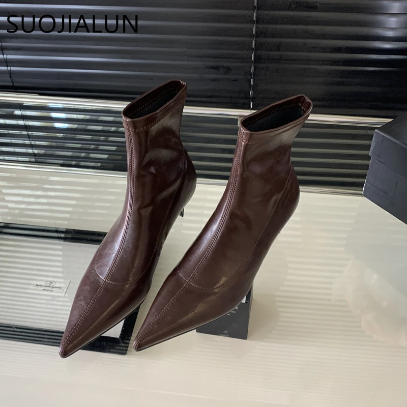 SUOJIALUN 2024 Winter New Brand Women Short Boots Fashion Slip On Ladies Eelgant Chelsea Boots Thin High Heel Dress Short Boots