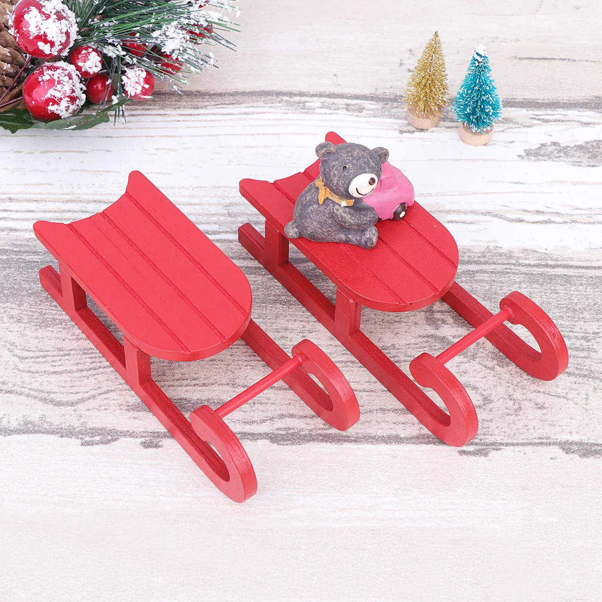 

2 pcs Wooden Christmas Sleigh Ornament Red Creative Design Desktop Decor For Home Living Room Kitchen Holiday Party Gift Xmas