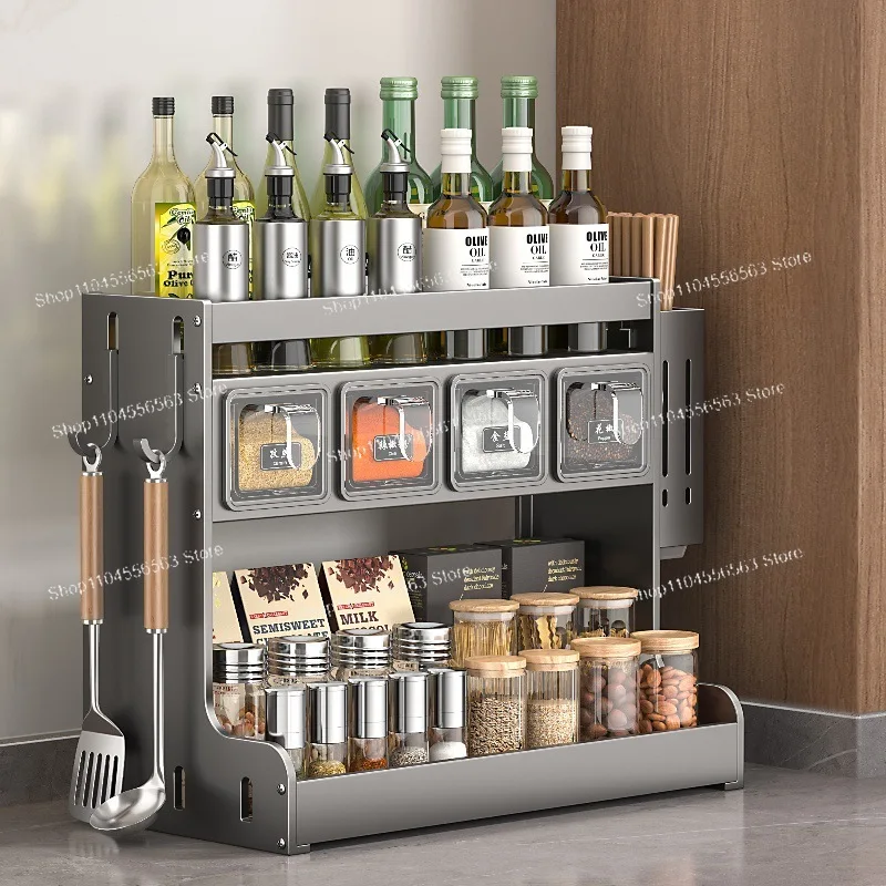 Kitchen seasoning storage rack, stainless steel non-perforated countertop knife holder, multi-functional salt seasoning jar